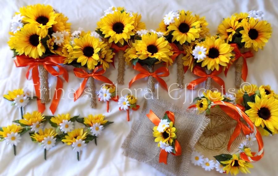 زفاف - Wedding Bouquet Set / Burlap sunflower daisy bouquet Flower Bouquet OR You Choose Flower/Color 19 piece Set
