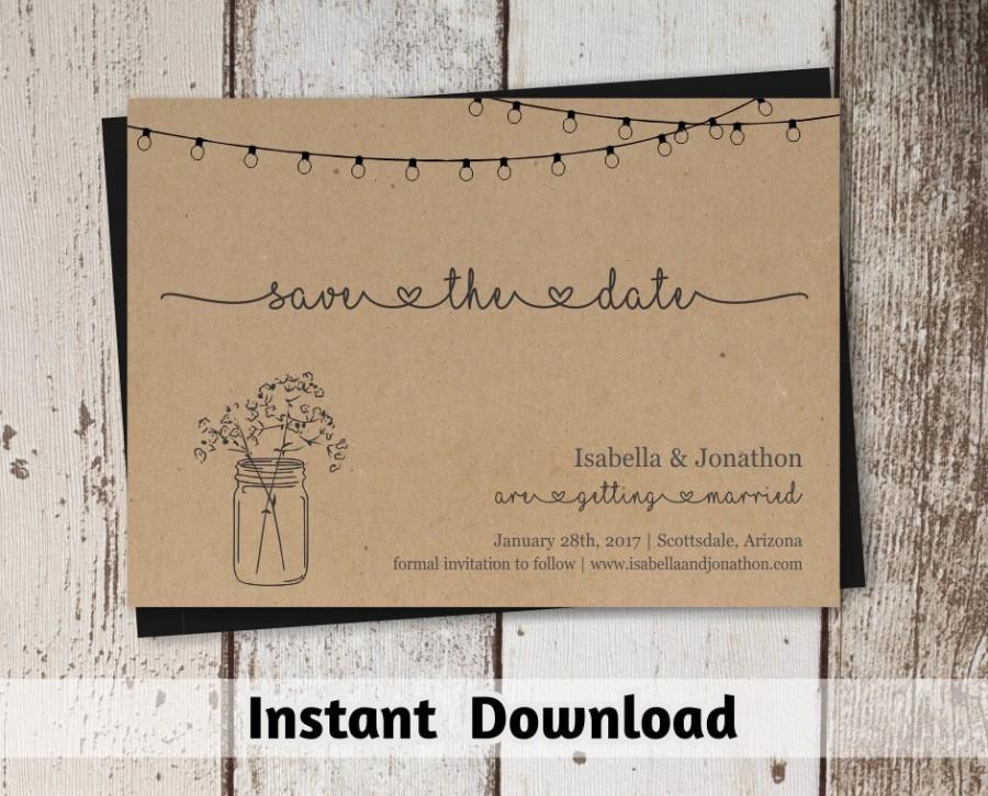 Hochzeit - Save the Date Card Printable Template - Rustic Mason Jar & Fairy Lights on Kraft Paper 