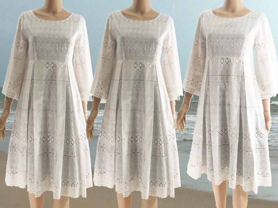 Hochzeit - White  beach Dress, Cotton Lace Dress,vintage,Quarter sleeves,Bridesmaid Dress, Empire Dress,Retro Dress,Summer,Romantic Dress,Unique Dress
