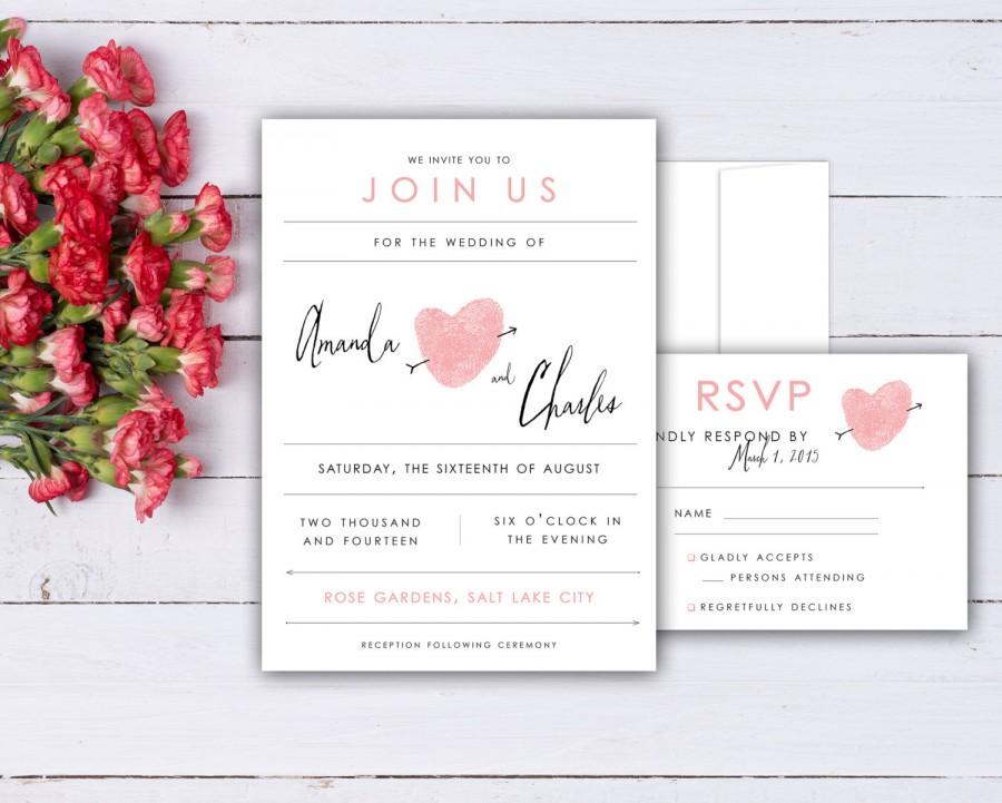 Wedding - Fingerprint Heart Wedding Invitation and RSVP Card Set Made with your Thumbprints - Romantic Wedding Invites shown in Baby Pink
