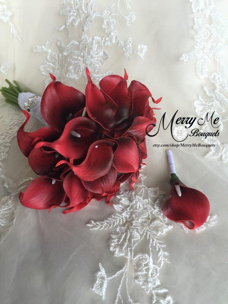 Wedding - Red Calla Lily Bouquet - Red Bouquet - Red Boutonniere - Calla Lily Bouquet - Winter Bouquet - Red Winter Bouquet - Valentine Bouquet