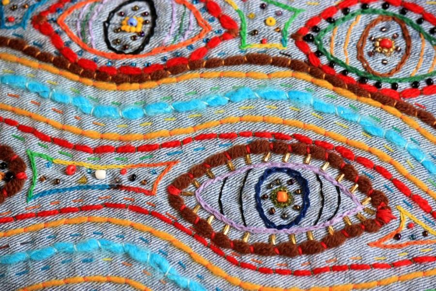 Mariage - Ten eyes! Denim bag  Energy Waves  Hand Embroidery  Psychedelic bag  Crazy Unique Creative Tote Hippies Boho Ibiza Hipster Space Multicolor