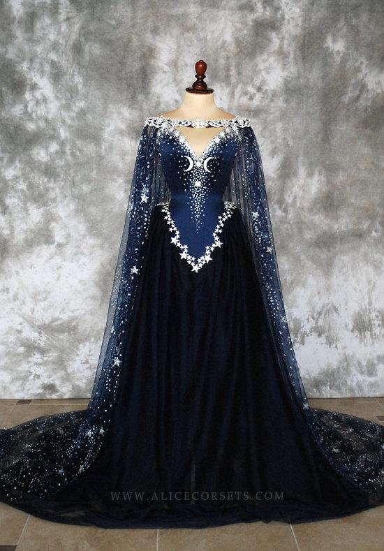 زفاف - Night Godess Elven Corset Dress ~ Gothic Witch Wedding Gown Fairy Fantasy Bridal Dress Couture Wiccan Pagan Cloak ~ Ball Masquerade Corsetry
