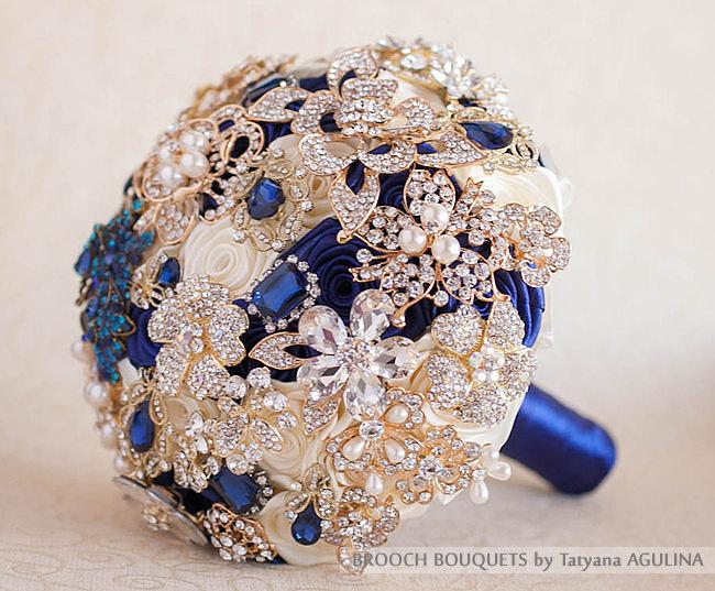 Wedding - Brooch Bouquet, Wedding Bouquet, Bridal Bouquet, Ivory Gold Bouquet, Navy Blue Bouquet, Gold Wedding, Ivory Bouquet, Broach Bouquet Crystal