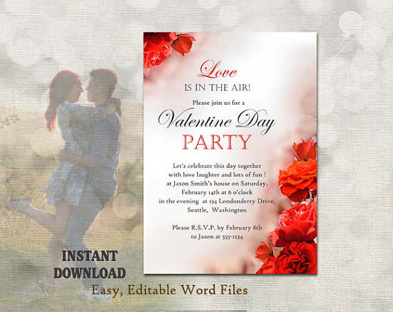 زفاف - Valentines Day Party Invitation - Printable Valentines Invitation Valentines Day Card - Red Roses Invitation Editable Template Download DIY