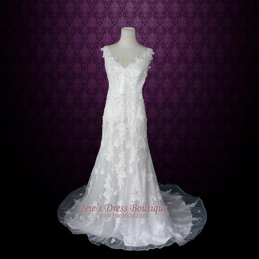Wedding - Vintage Lace Wedding Dress Low Back Wedding Dress V Neck Destination Wedding Dress 2 piece Wedding Dress 