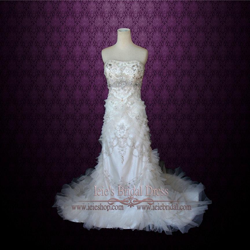 Wedding - Strapless Crystal Slim A-line Wedding Dress with Tiered Rufffles and Beadwork 