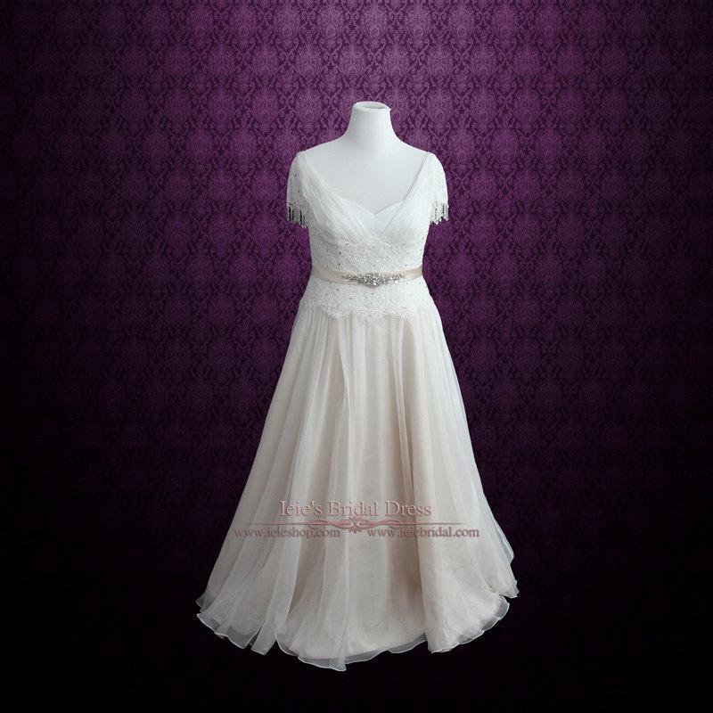Wedding - Plus Size Premium Chiffon Grecian Goddess Wedding Dress with Crystal Sash and Fringe Cap Sleeves 