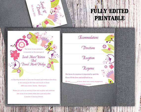 Hochzeit - Printable Pocket Wedding Invitation Suite Printable Invitation Wreath Invitation Flower Invitation Download Invitation Edited PDF file