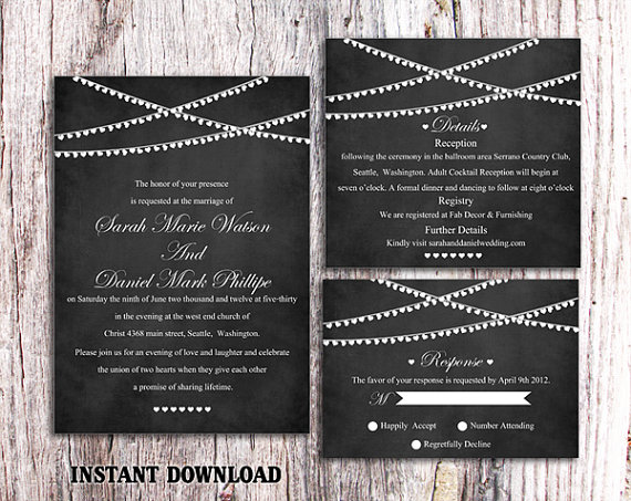 Свадьба - DIY Wedding Invitation Template Set Editable Word File Download Printable Chalkboard Wedding Invitation Lights Invitation Heart Invitation