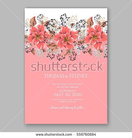 زفاف - Wedding Invitation Floral Bridal Shower Invitation Wreath with pink flowers Anemone, Peony, wild privet berry, vector floral illustration in vintage watercolor style