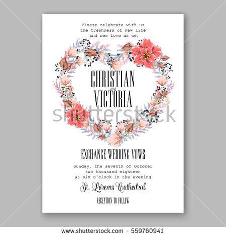 Wedding - Wedding Invitation Floral Bridal Shower Invitation Wreath with pink flowers Anemone, Peony, wild privet berry, vector floral illustration in vintage watercolor style