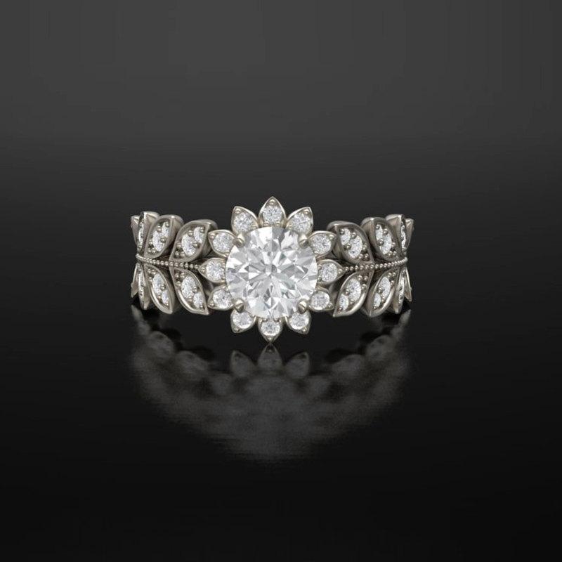 زفاف - Leaf Engagement ring,Flower Engagement Ring,White Gold 14k,White Sapphire Engagement ring,Nature inspired Diamond Leaf ring,Bridal ring, 139