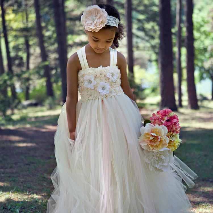 Hochzeit - Ivory Flower Girl Dress, Champagne Flower Girl Dress, Flower Girl Dress, Vintage Flower Girl Dress, Blush tutu Dress, Flower Girl Dresses
