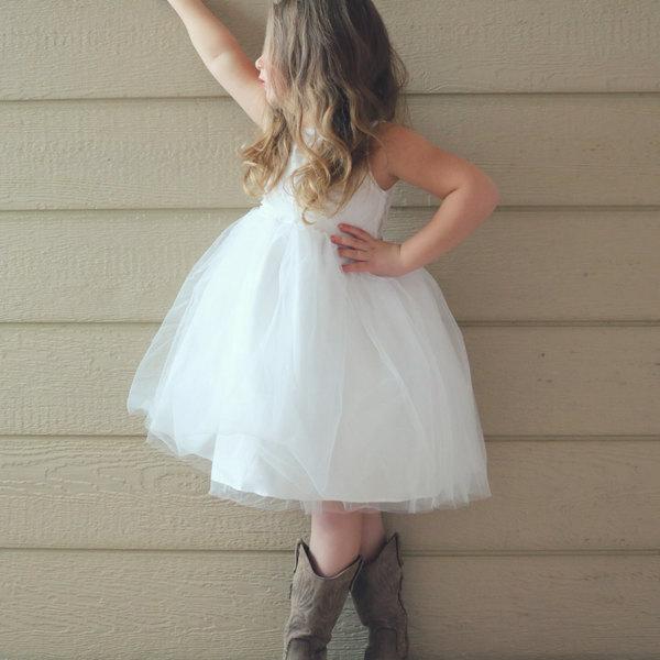 Mariage - White Lace Flower Girl Dress, Lace Rustic Flower Girl Dress, Country Flower Girl Dress, Tulle Tutu Flower Girl Dress, Sweetheart Dress, Open