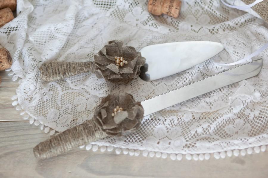 Wedding - Rustic Wedding Cake Server and Knife Set -  burlap flower