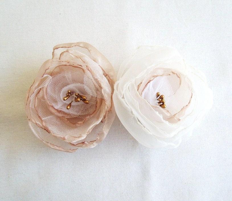Mariage - Bridal Accessories Hair Clip Set of 2 Blush Gold Champagne White Ivory Organza Flower Wedding  Accessories Bridesmaid Hair Flower Girl Hair