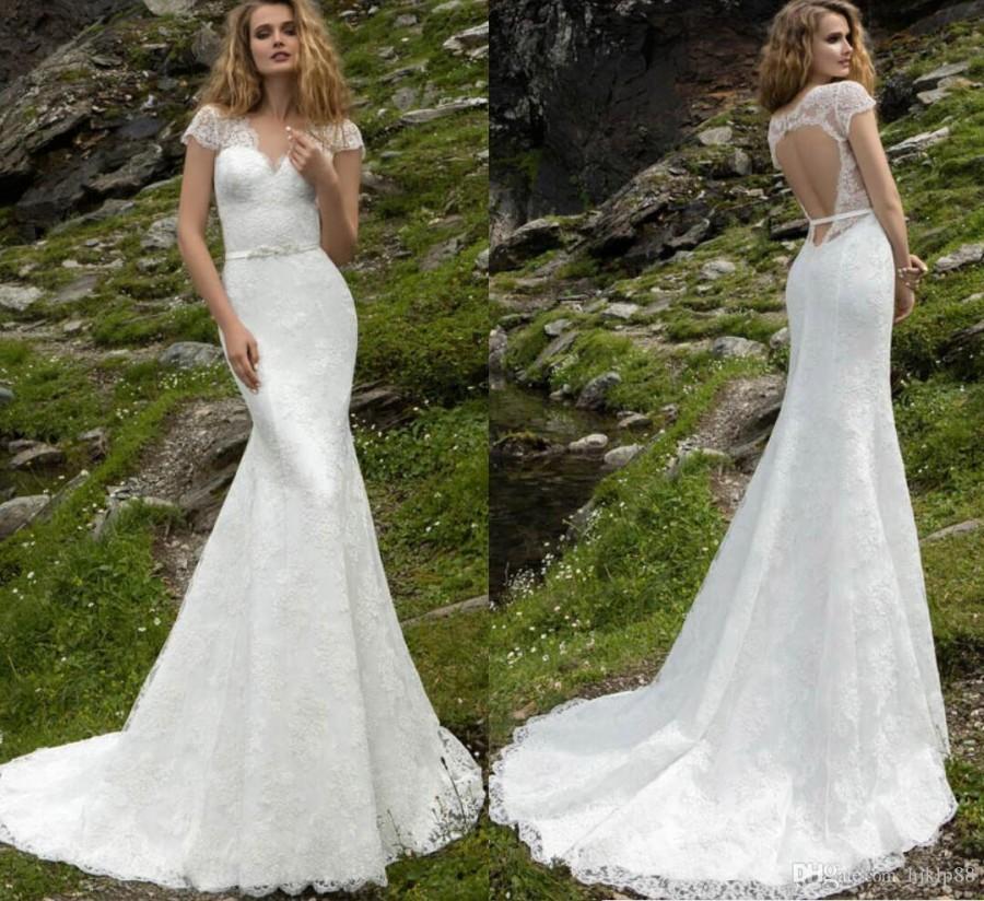 New Arrival Lace Sexy Mermaid Wedding Dresses Cap Sleeve V Neck Beaded Sash Backless Bridal 8353