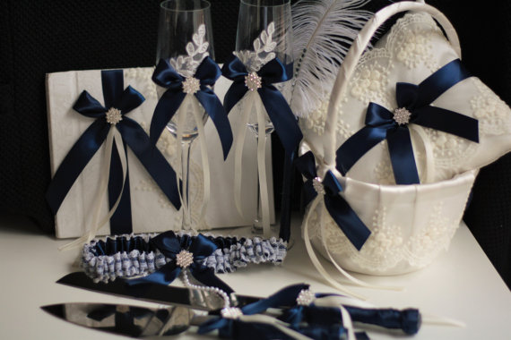 Wedding - Navy Blue Wedding Basket   Navy Bearer Pillows   Guest Book with Pen   Navy Bridal Garter Set   Champagne glasses   Navy Cake server Set