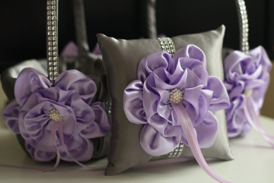 زفاف - Lavender Flower Girl Basket  Lilac Ring bearer Pillow  Lavender Ring Pillow Basket Set  Lilac Gray Wedding Basket  Gray Wedding Pillow