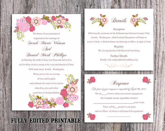 Hochzeit - Printable Wedding Invitation Suite Printable Boho Invitation Floral Wedding Invitation Pink Invitation Download Invitation Edited PDF file