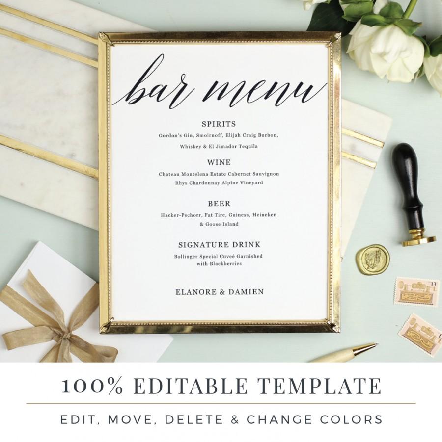 Mariage - Wedding Bar Menu Template, Editable Bar Menu Printable, Word or Pages, Mac or PC, Modern Calligraphy, Instant DOWNLOAD