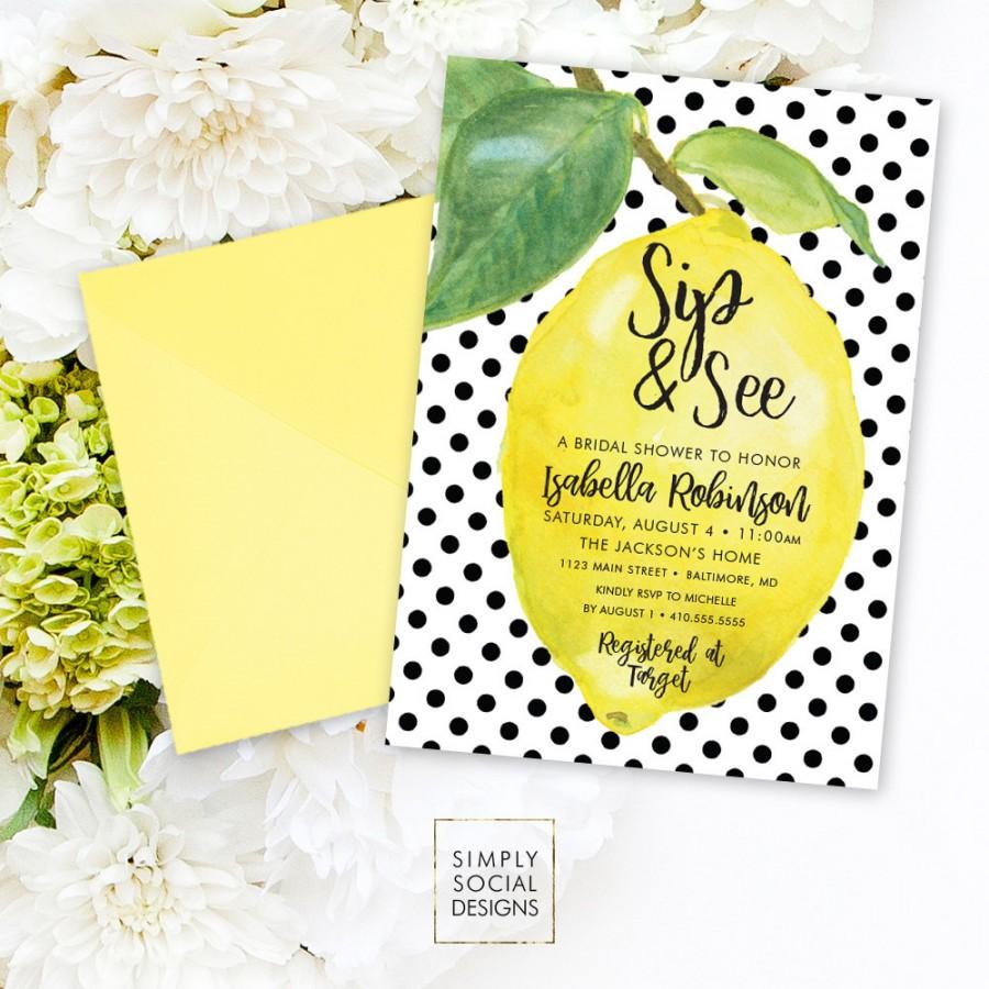 Hochzeit - Lemon Bridal Shower Invitation - Fresh Lemon with Black and White Polka Dots Sip and See Printable Fresh Squeezed Lemonade Main Squeeze