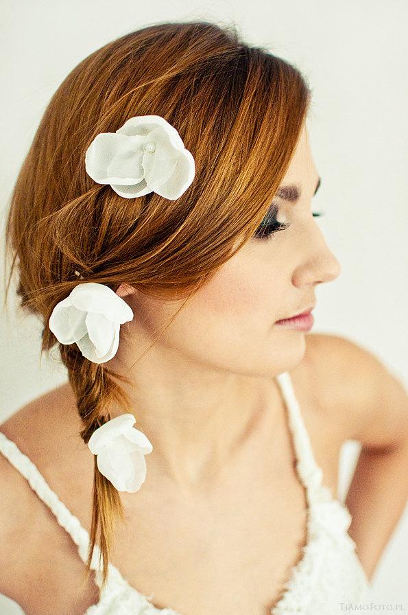 Wedding - Unique Romantic Set of 3 Hair Pins Off White Ivory Silver Medium Size  Ready to Ship