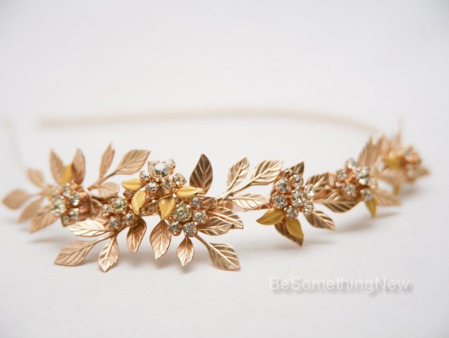 Mariage - Gold Metal Headband of Brass Leaves and Vintage Rhinestone Jewelry, Gold Wedding Tiara, Rhinestone Bridal Headpiece Metal Leaf Headband