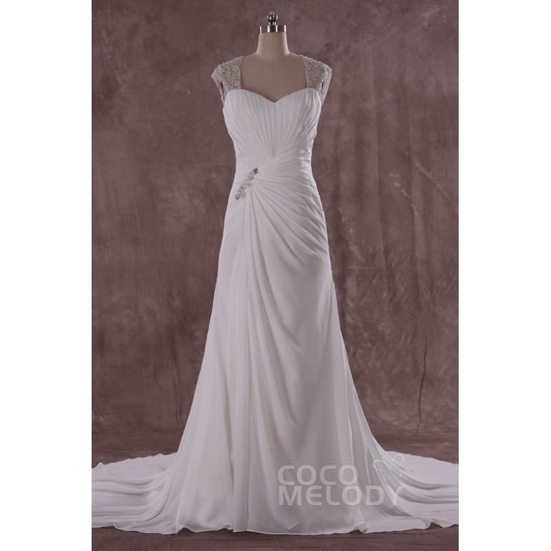 زفاف - Chic Sheath-Column Straps Natural Train Chiffon Sleeveless Wedding Dress with Draped - Top Designer Wedding Online-Shop
