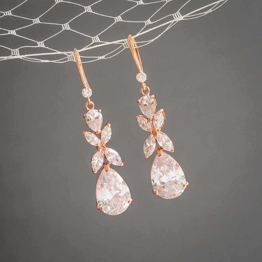 Rose Gold Wedding Earrings Crystal Bridal Clover Leaf Rose Gold Wedding Earrings Crystal Bridal Clover Leaf Dangle Drop Statement Jewelry Teardrop Harriet
