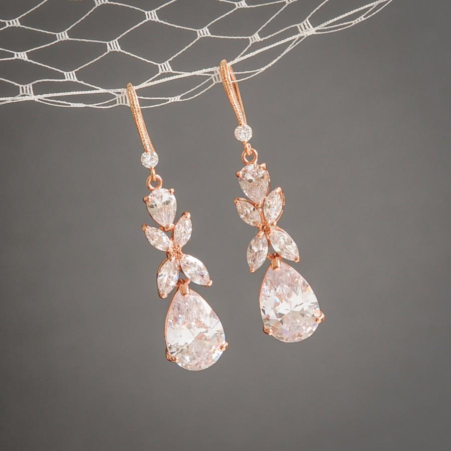 Mariage - Rose Gold Wedding Earrings, Crystal Bridal Earrings, Clover Leaf Dangle Drop Earrings, Statement Bridal Jewelry, Teardrop Earrings, HARRIET