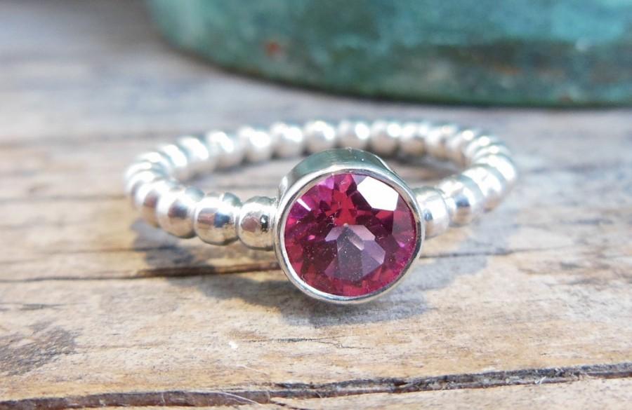 Mariage - Blush Pink Topaz Ring - Sterling Silver Gemstone Ring - Dotted Band - Bezel Set Engagement Ring -