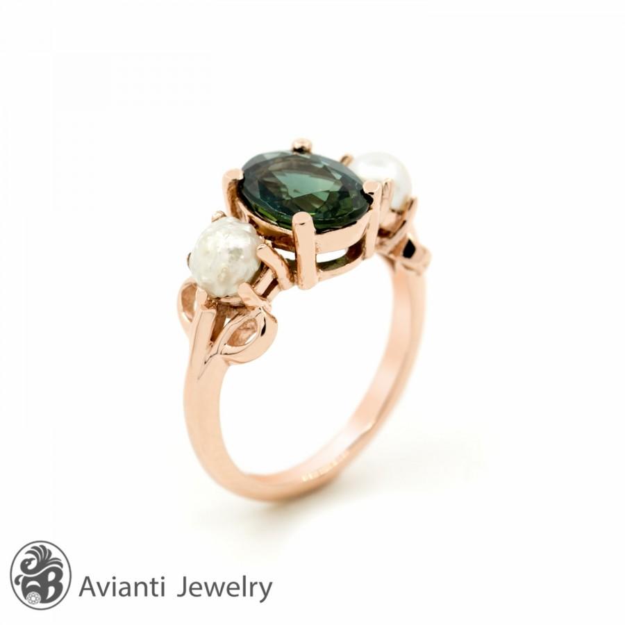 Mariage - Ring, Green Sapphire Engagement Ring, Sapphire and Pearl Engagement Ring, Pearl Ring, Rose Gold Ring, Engagement Ring 
