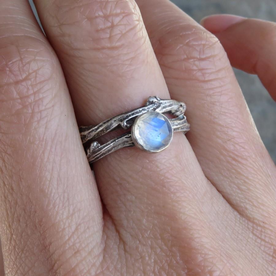 Wedding - Sterling Silver Moonstone Twig Ring Wedding Set - Matching Antiqued Tree Branch Ring - Rose Cut Moonstone Engagement Ring in Oxidized Silver