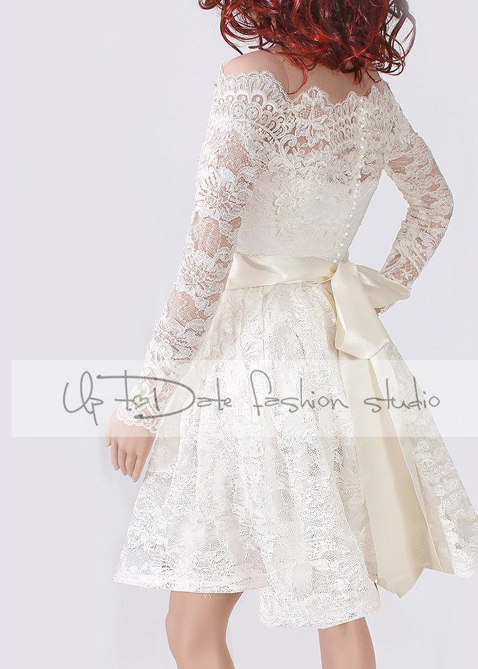 Mariage - Lace short  Plus Size/reception/ wedding  dress /Off-Shoulder Custom Made/ ,3/4 Sleeves Bridal Gown