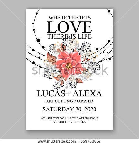 زفاف - Wedding Invitation Floral Bridal Shower Invitation Wreath with pink flowers Anemone, Peony, wild privet berry, vector floral illustration in vintage watercolor style