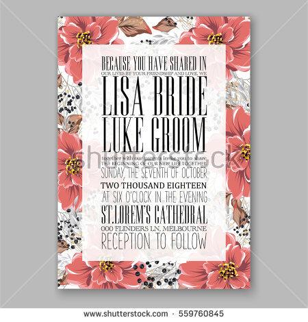 Wedding - Wedding Invitation Floral Bridal Shower Invitation Wreath with pink flowers Anemone, Peony, wild privet berry, vector floral illustration in vintage watercolor style