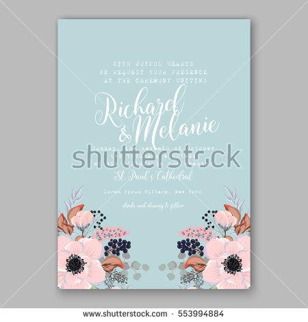 Hochzeit - Anemone Wedding Invitation Card Template Floral Bridal Wreath Bouquet with pink flowers, mistletoe, eucalyptus branches, wild privet berry, currant berry vector illustration in vintage watercolor