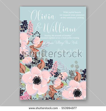 Hochzeit - Anemone Wedding Invitation Card Template Floral Bridal Wreath Bouquet with pink flowers, mistletoe, eucalyptus branches, wild privet berry, currant berry vector illustration in vintage watercolor