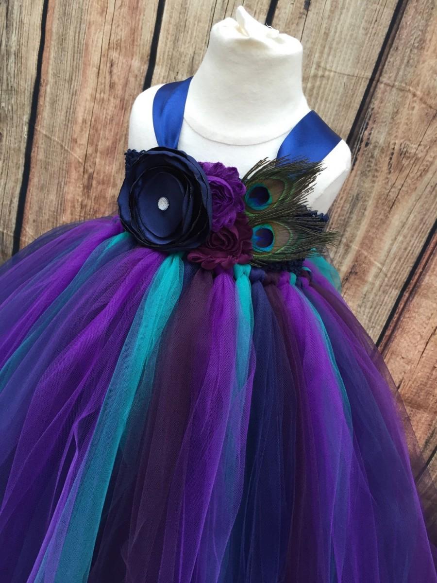 Hochzeit - Peacock girls tulle dress, navy blue peacock dress, teal and navy blue girls tulle dress, peacock girls tulle tutu