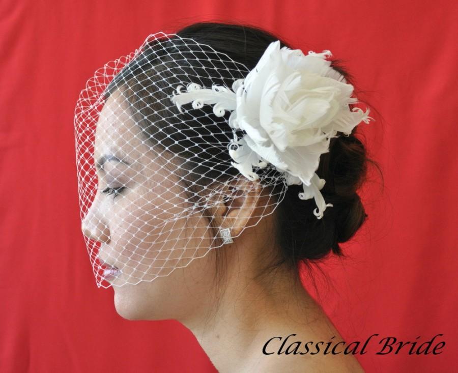 Wedding - Bandeau 906 -- "PEONY" VEIL SET w/ Flower Feather Fascinator Hair Clip & Ivory or White 9" Birdcage Blusher Veil for bridal wedding