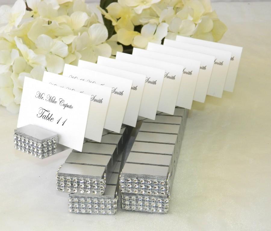 Hochzeit - Place card holder -Silver Plank Place Card Holder trimmed with a crystal wrap on the front- Set of 10
