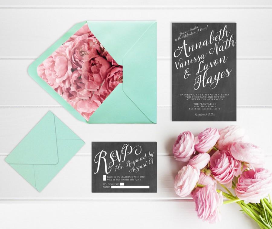 زفاف - Wedding Invitations w/ Mint Green Envelopes & Coral Pink Peony Liner with RSVP Cards / Rustic Chic Chalkboard Weddings / PRINTED Chalkboard