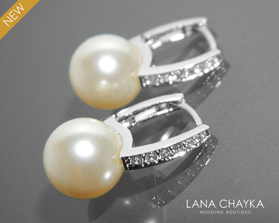 Hochzeit - Bridal Pearl Earrings Pearl CZ Leverback Wedding Earrings Swarovski 10mm Ivory Pearl Silver Earrings Bridal Pearl Earring Bridesmaid Jewelry