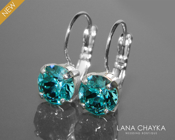 زفاف - Light Turquoise Crystal Earrings Leverback Teal Crystal Earrings Swarovski Rhinestone Earrings Bridal Bridesmaid Teal Turquoise Jewelry
