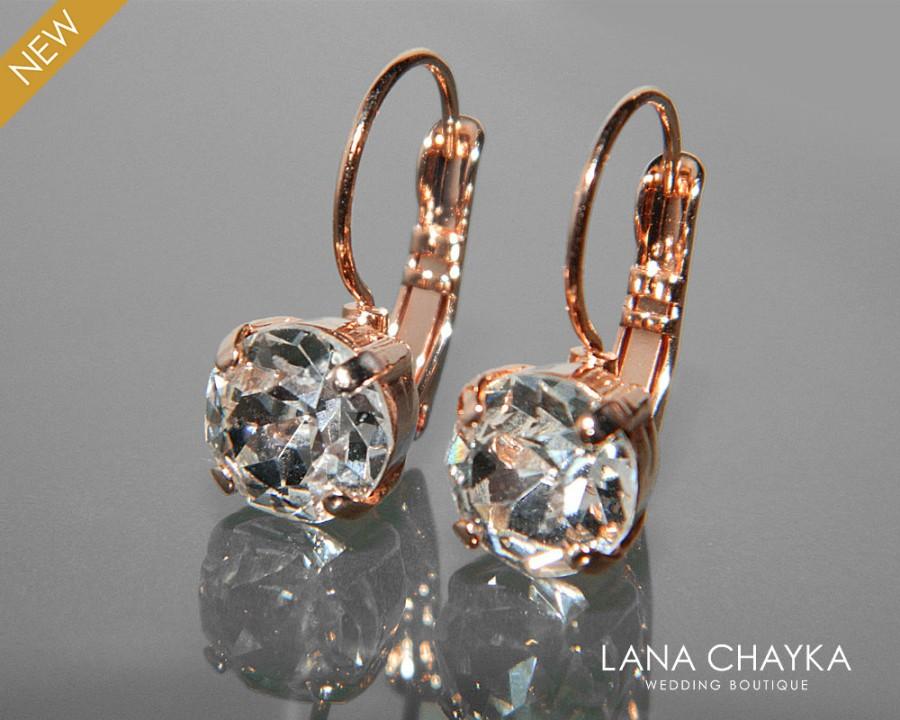 Mariage - Rose Gold Clear Crystal Earrings Leverback Crystal Earrings Swarovski Rhinestone Earrings Bridal Rose Gold Jewelry Wedding Crystal Earrings