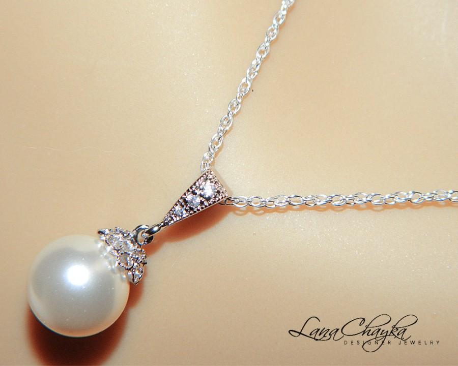 Mariage - White Drop Pearl Bridal Necklace Swarovski 10mm White Pearl Sterling Silver CZ Necklace Bridal Pearl Jewelry Wedding Single Pearl Necklace