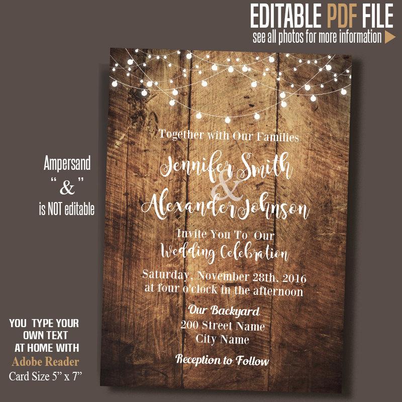 Hochzeit - Wedding Invitation, Rustic wood and lights, barn wedding, Instant Download Self editable PDF file A201