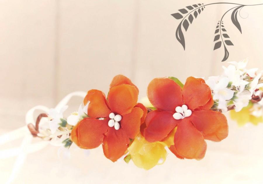 Wedding - Autumn floral crown, orange cherry blossom hair crown, Fall Bridal Flower Crown, Autumn wedding headpiece, hair accessories, flower girl